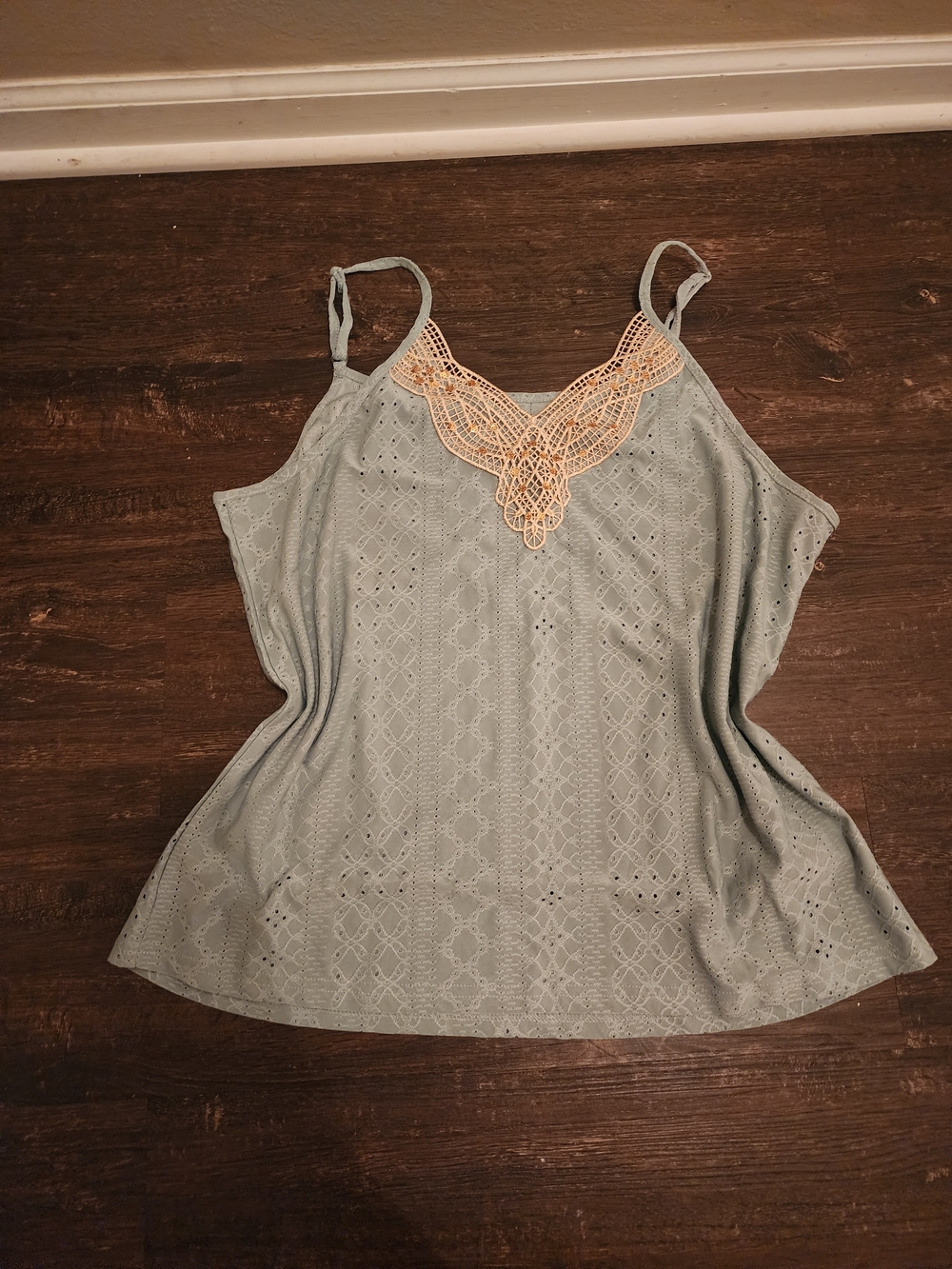 Sleeveless Light Sage Eyelet Tank with Lace Trim